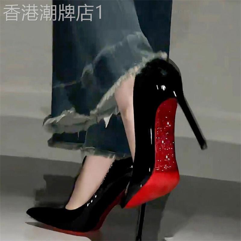 香港真皮水钻细跟时尚高跟鞋女2025春秋黑色漆皮百搭休闲尖头单鞋