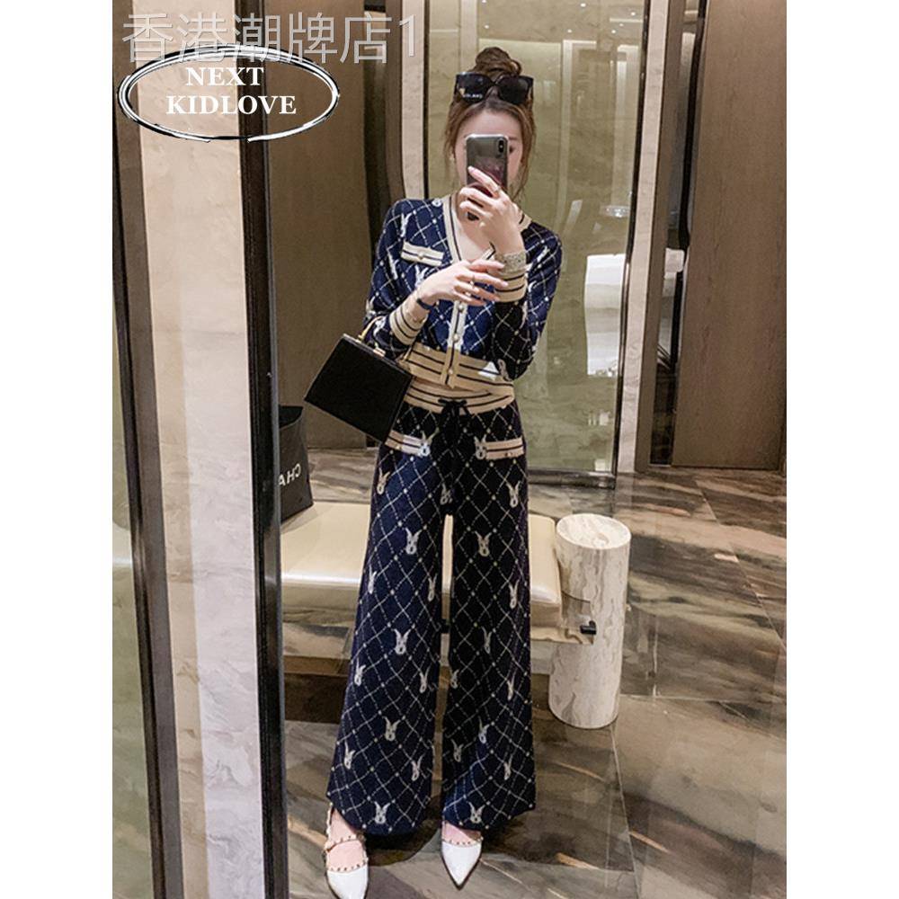 香港春秋2025新款小香风法式针织外套阔腿裤两件套女名媛风套装潮