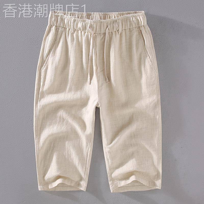 香港夏季亚麻七分裤男宽松休闲薄款潮流透气中裤高级感棉麻短裤潮