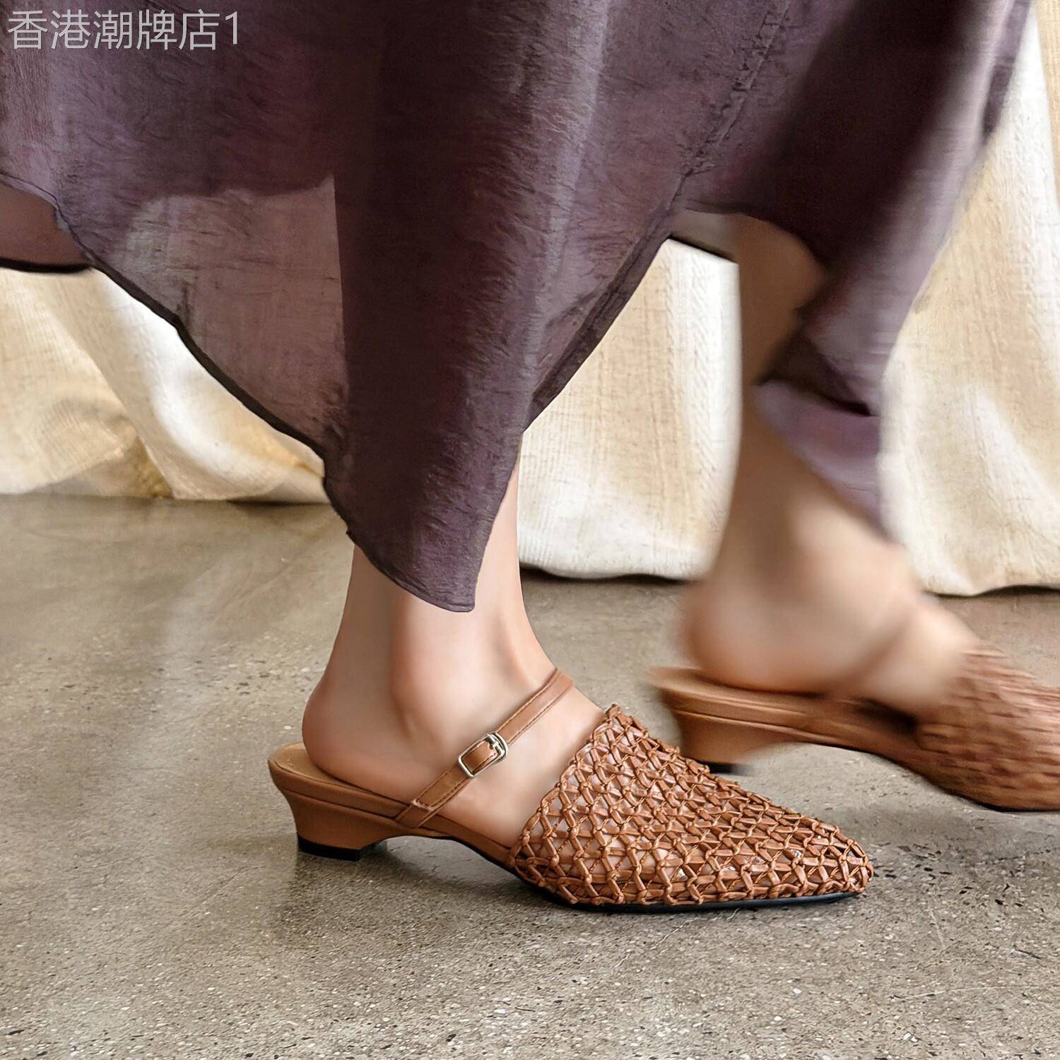林间小路~ 度假编织包头拖尖头粗跟懒人穆勒鞋女夏季新款外穿半拖