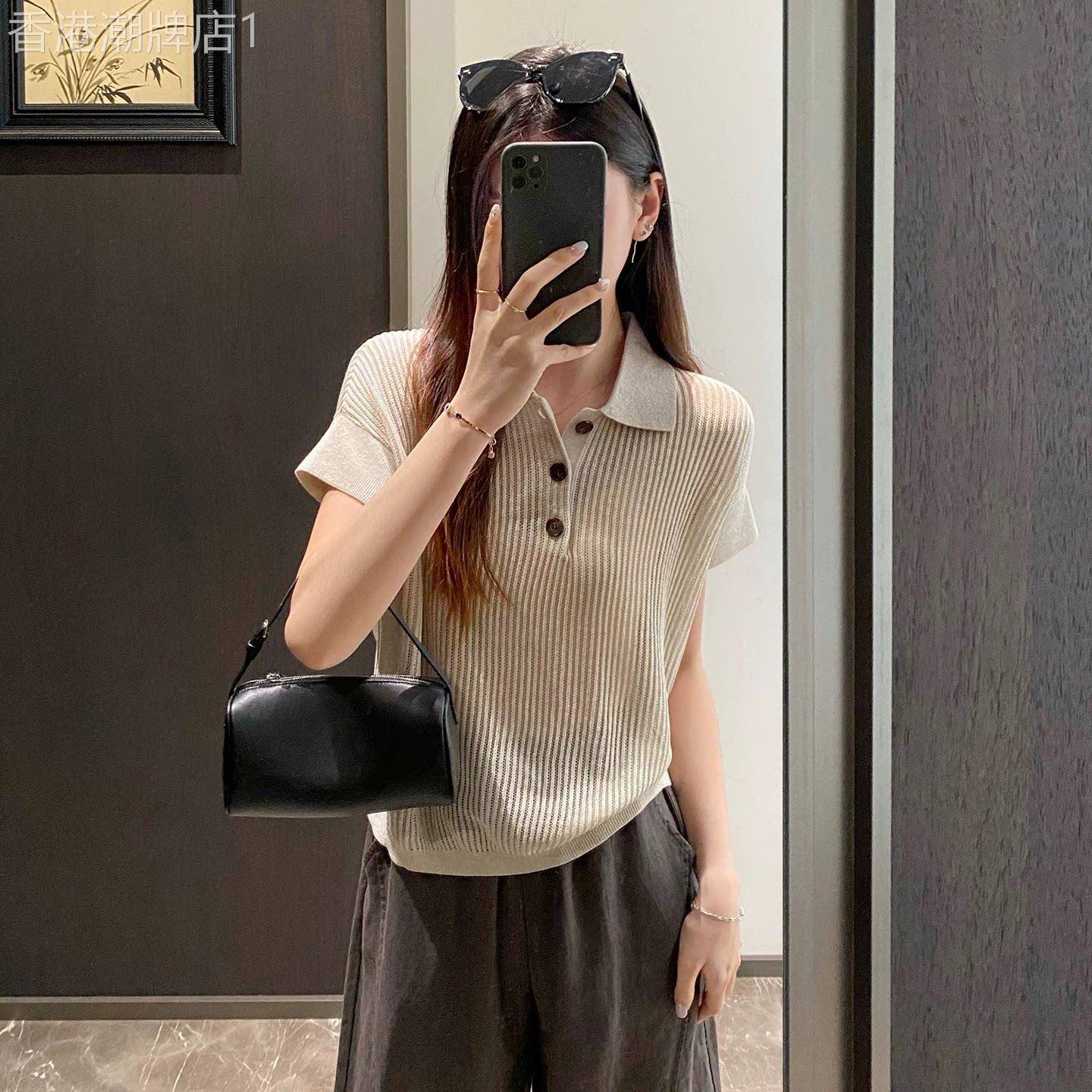 GOLUERJI莱赛尔天丝翻领竖条纹亮丝镂空微透针织蝙蝠袖T恤女夏