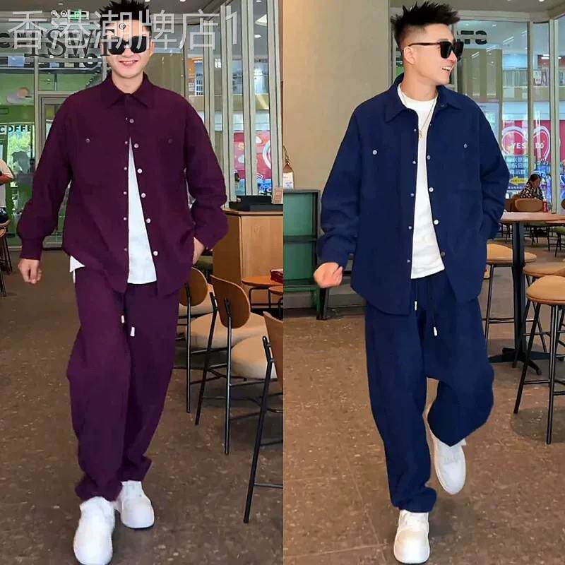 高端休闲运动套装男士春秋新款潮牌条纹灯芯绒衬衫外套长裤两件套