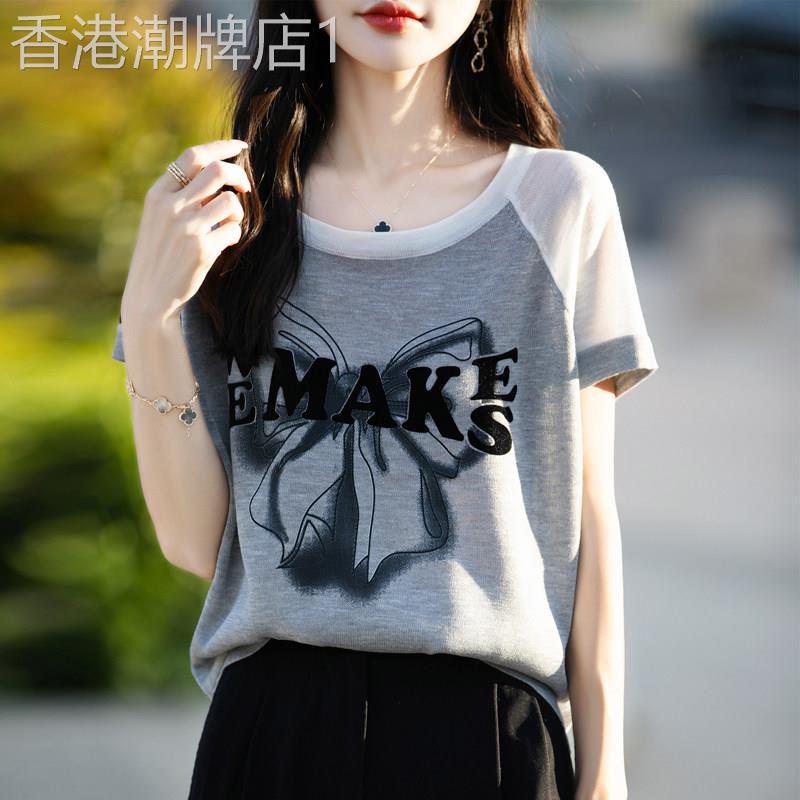 竹节麻蝴蝶结印花拼色冰丝短袖t恤女夏薄款洋派宽松半袖打底上衣