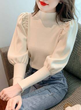 香港TIMO2025新款钉珠半高领针织打底衫女时髦灯笼袖毛衣小衫秋冬