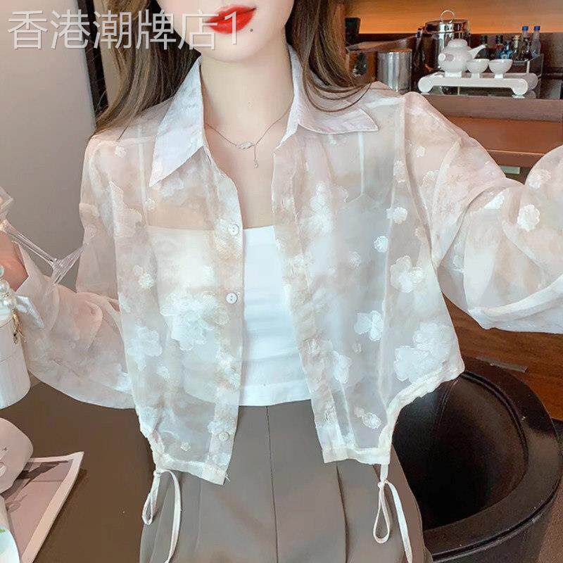 防晒衣女夏季薄款2026新款透气短款空调开衫上衣雪纺碎花衬衫外套