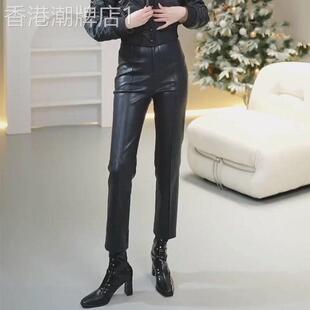 高腰黑色哑光皮裤女秋季新款修身显瘦烟管裤小个子直筒外穿百搭潮