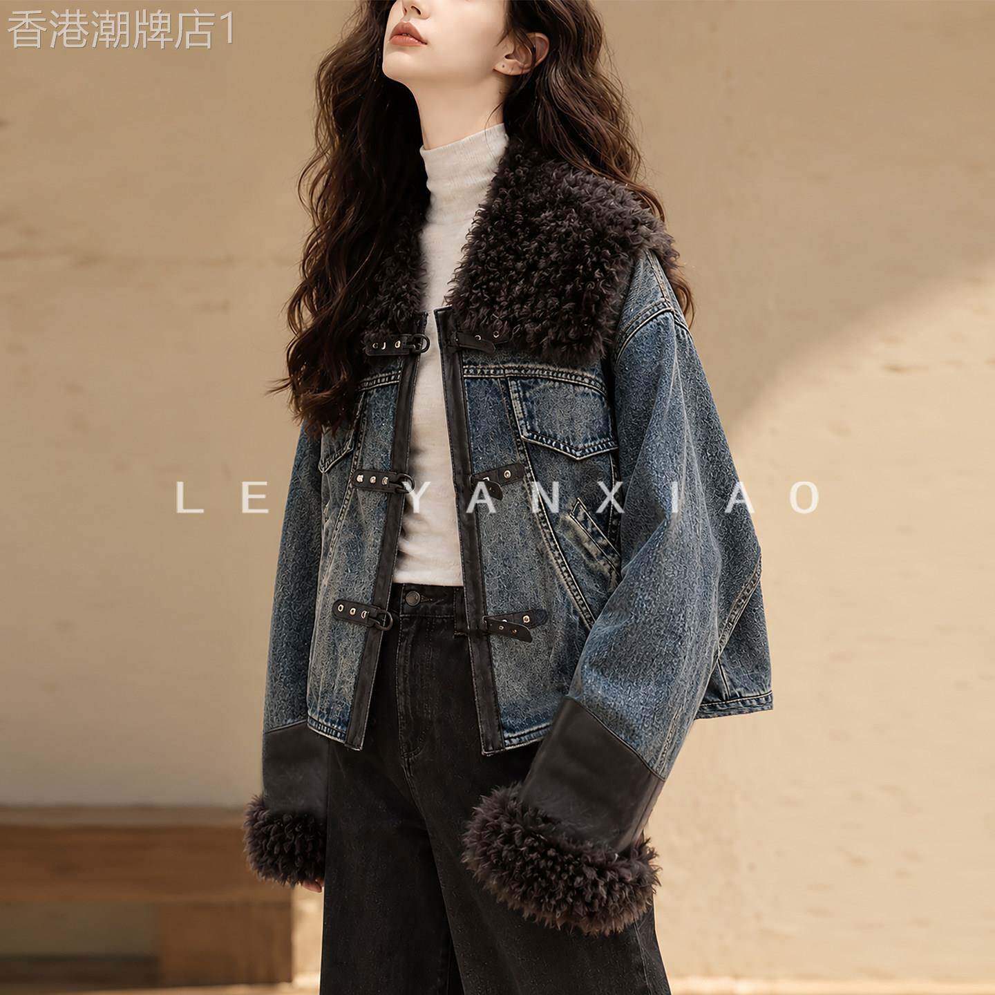小香风高端小资仿羊羔毛拼接牛仔外套女26秋季小个子短款廓形夹克