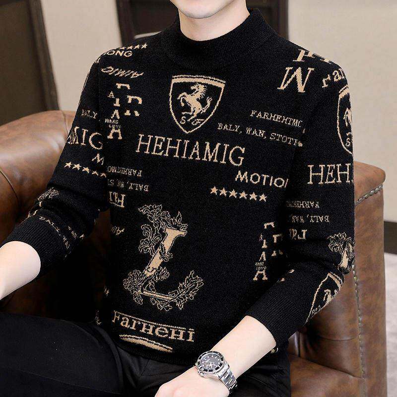 半高领毛衣男秋冬季潮流加绒加厚修身保暖打底提花男士羊毛针织衫