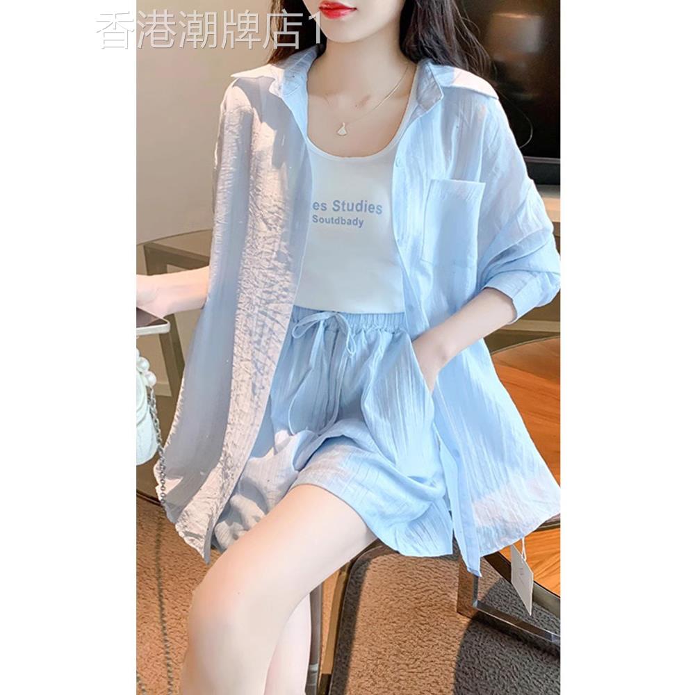 休闲套装女夏季薄款2026新款透气防晒衬衫吊带上衣短袖短裤三件套