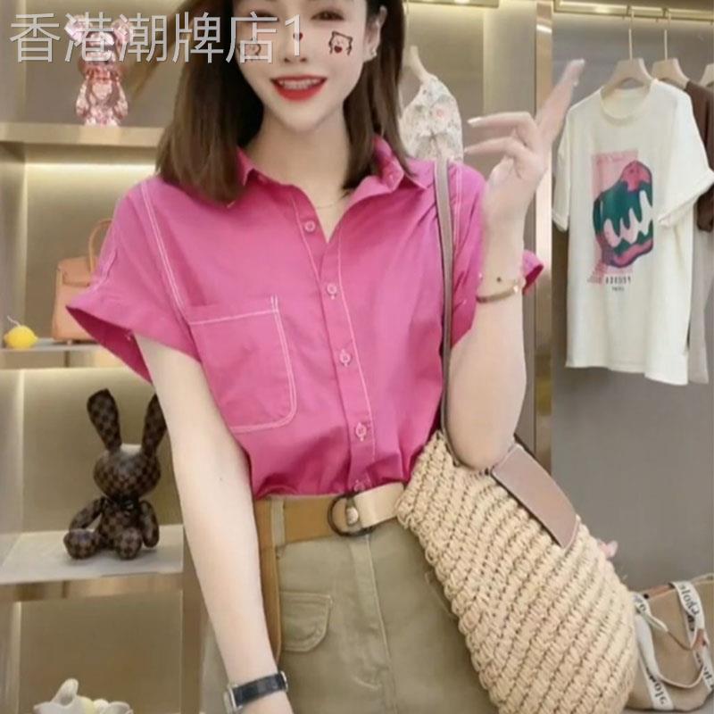 糖果色短袖衬衫女士夏季欧货漂亮小衫口袋翻领衬衫卷边1/4吋套筒