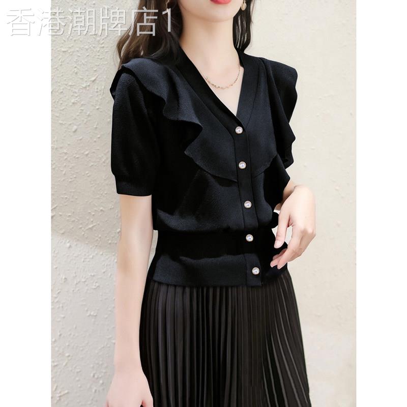 针织开衫女士夏季新款法式气质小香风短袖T恤荷叶边高级感V领上衣
