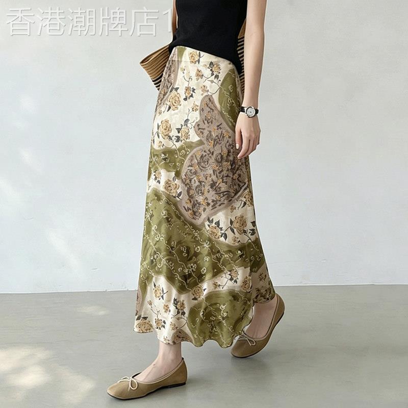 绿色印花半身裙女2026年夏季新款时尚轻熟风气质通勤百搭轻薄长裙