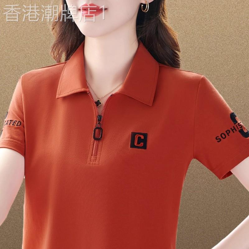 polo领短袖t恤女夏季新款刺绣棉质T恤大尺码高端休闲中年女士上衣