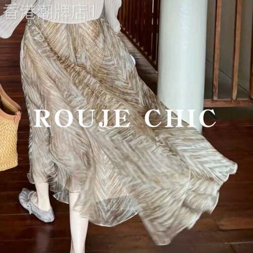 法国rouje chic法式老钱风欧根纱印花半身裙女夏季鱼骨纹网纱长裙