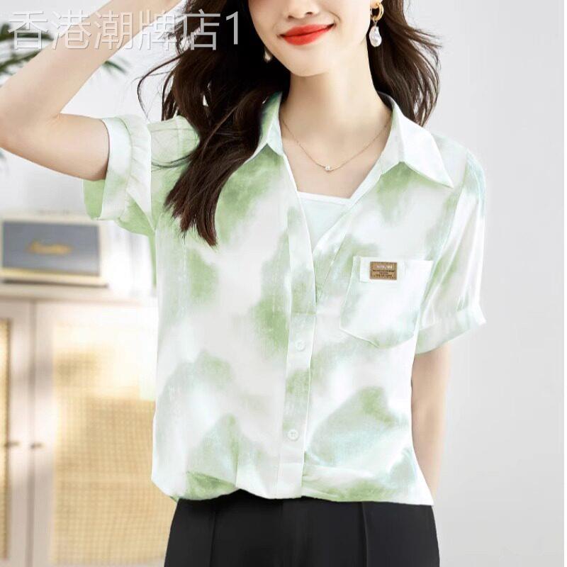 假两件扎染雪纺衬衫女夏季2026新款气质拼接小衫洋派减龄短袖上衣