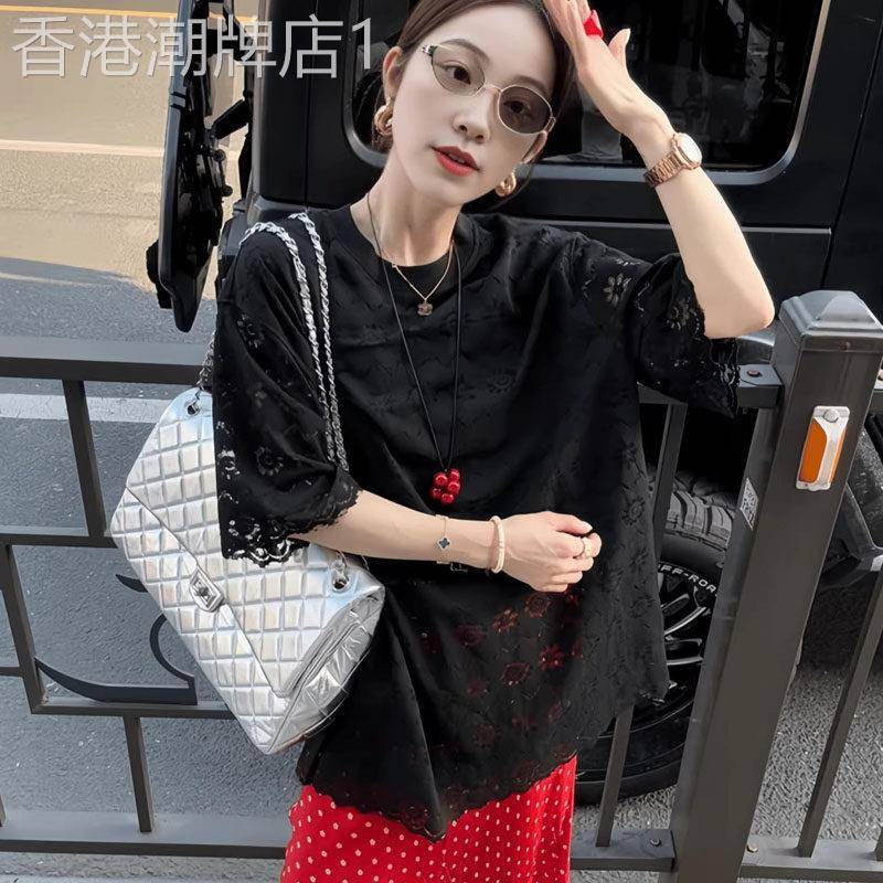 重工设计感蕾丝拼接短袖T恤女夏季2026欧货大码胖MM镂空钩花上衣