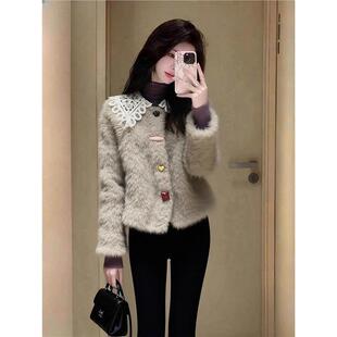 韩系高级感贵气千金上衣女秋冬新款小香风咖色羊羔毛短外套小个子