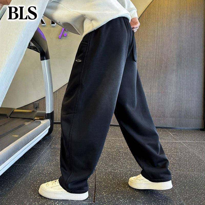 高端黑色加绒卫裤男士冬季2025新款加厚保暖阔腿弯刀裤男款休闲裤