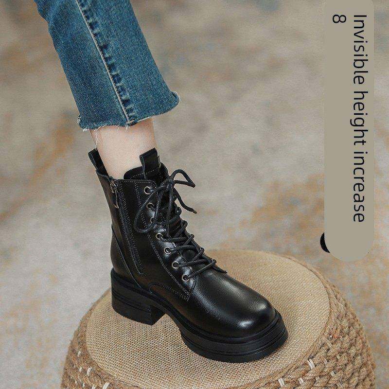 香港真皮厚底内增高马丁靴女款2025秋冬新款加绒小个子英伦风短靴