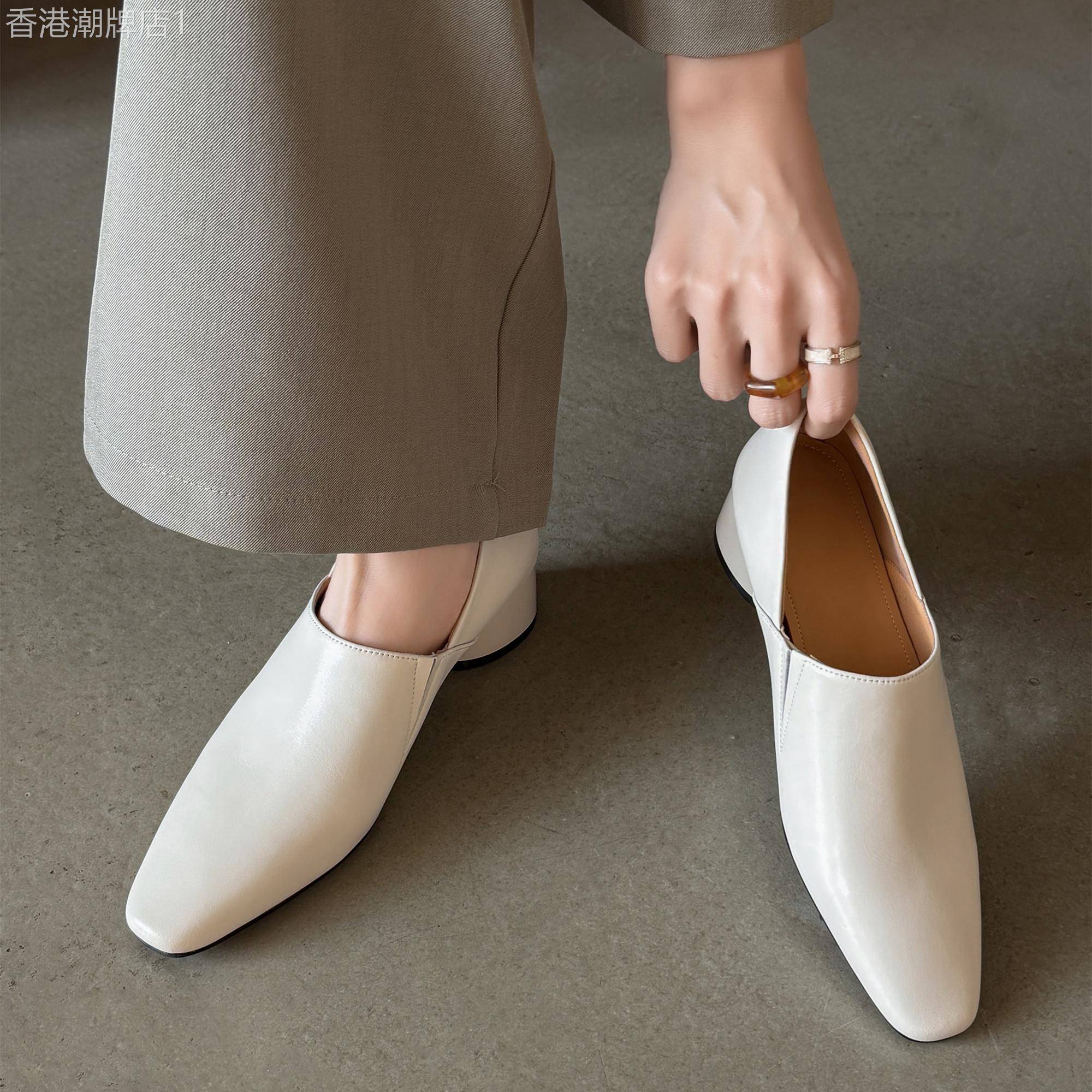 时间美学！轻奢极简风方头粗跟深口单鞋职场ol一脚蹬乐福鞋早春女