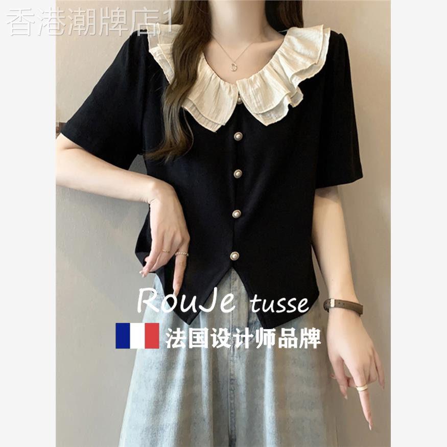 法国Rouje tusse大码娃娃领短袖小众衬衫胖妹妹荷叶边不规则上衣