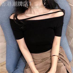 欧洲站夏黑色一字领漏两肩锁骨上衣女紧身性感显瘦百搭露肩短袖T
