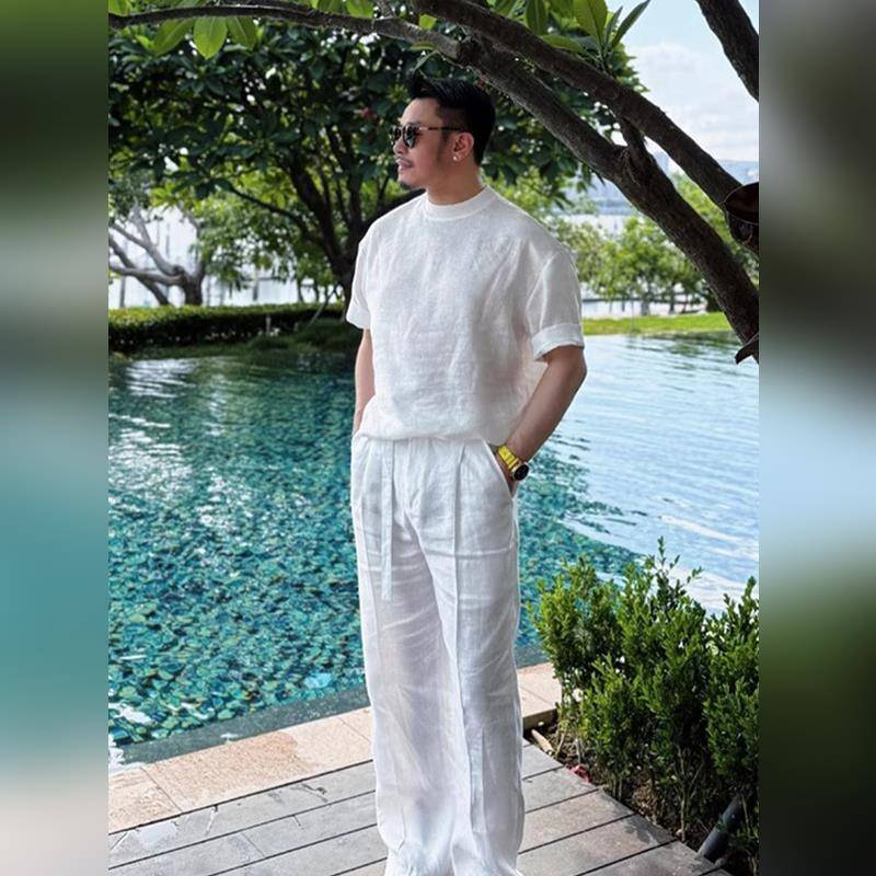 轻奢老钱风套装凉感天丝亚麻短袖T恤男2026夏季穿搭一整套配裤子