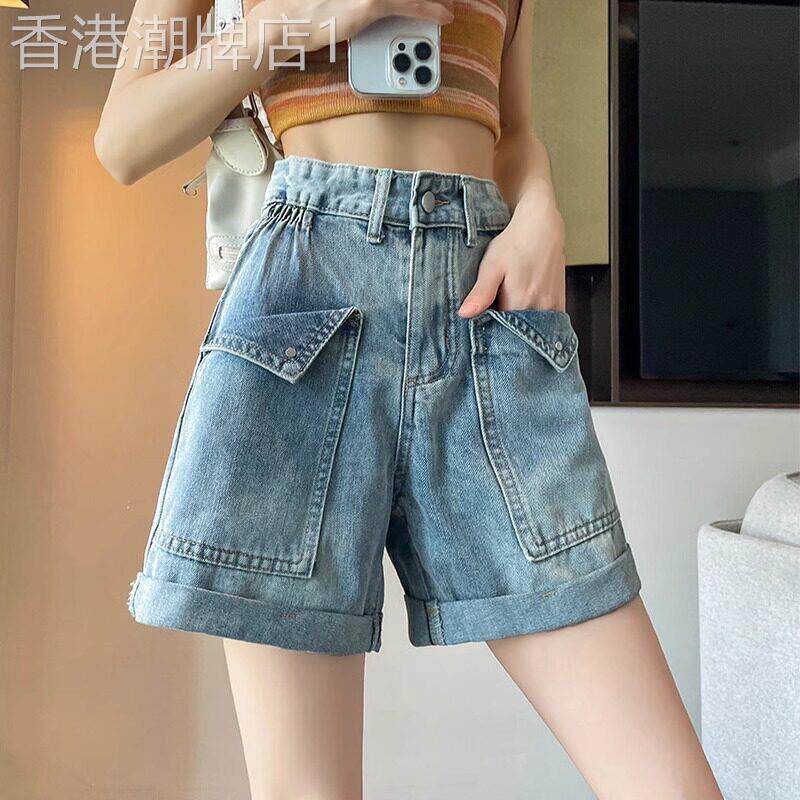阔腿牛仔短裤女夏季薄款宽松小个子松紧高腰休闲直筒卷边五分五分