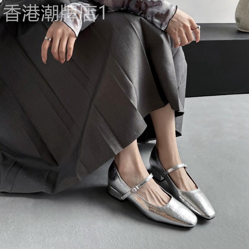 冰岛梦境~ 法式气质玛丽珍鞋女款新款银色方头粗跟浅口单鞋配裙子