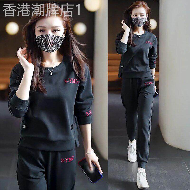 潮牌时尚休闲圆领厚棉T卫裤套装女春秋新款韩版宽松运动服两件套