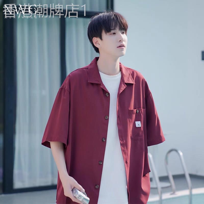 酒红色短袖衬衫男夏季薄款日系复古宽松冰丝衬衣男士夏装休闲外套