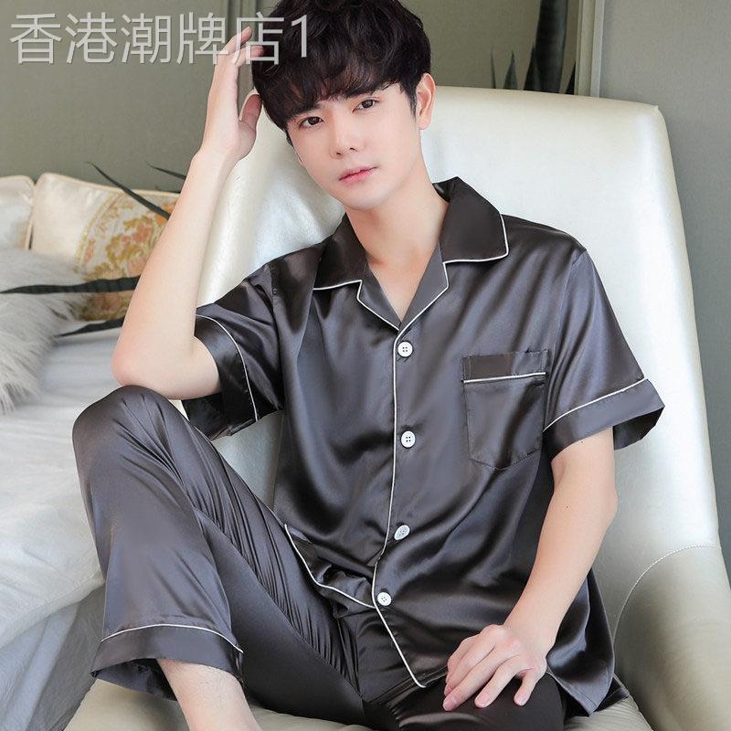 日本夏季冰丝新款睡衣男士短袖长裤薄款男生家居服套装青少年夏天