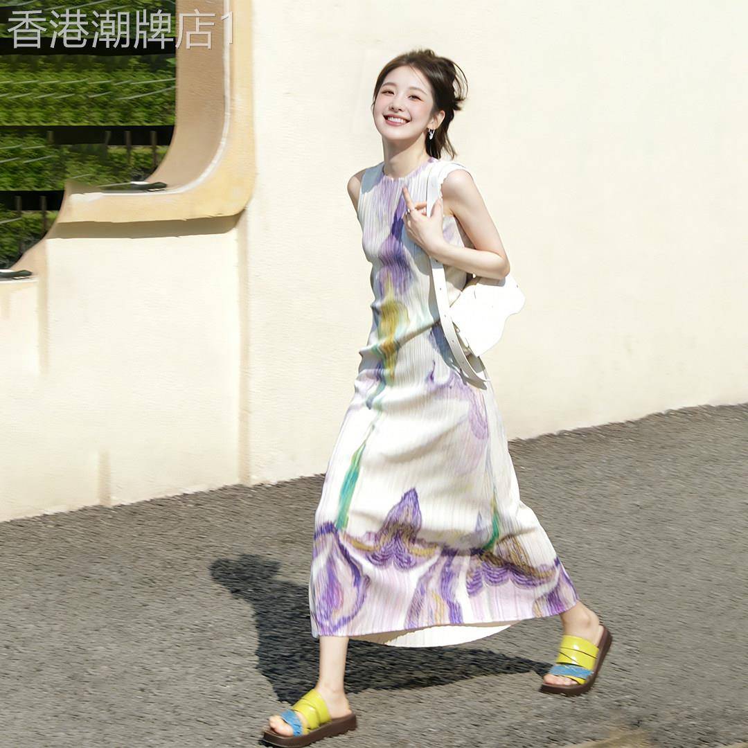 法式紫色花朵无袖连衣裙女2026夏季新款小个子独特超好看背心裙子