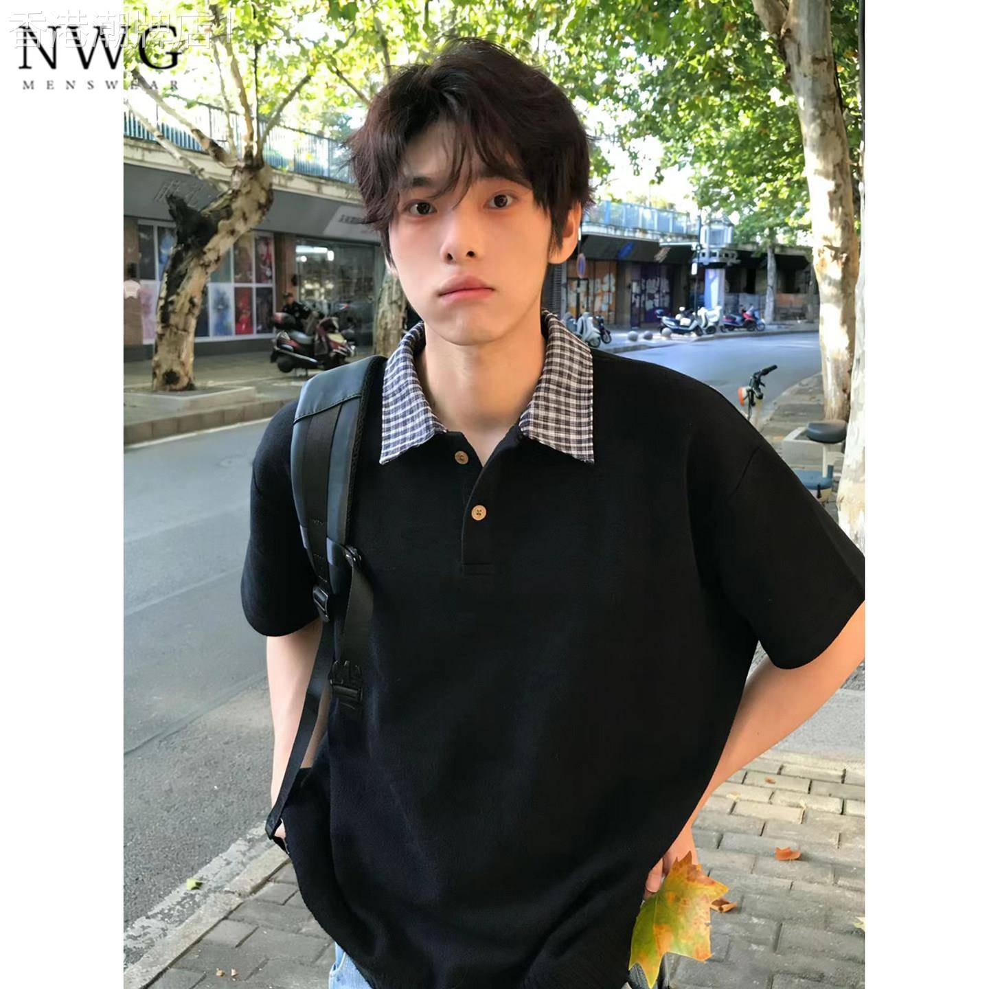 假两件短袖POLO衫男夏季新款美式宽松格纹翻领五分袖T恤休闲上衣