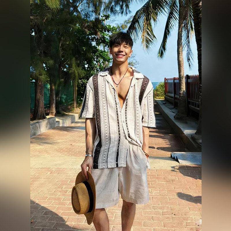 夏季时尚度假风镂空条纹针织短袖衬衫套装男老钱风休闲短裤一整套