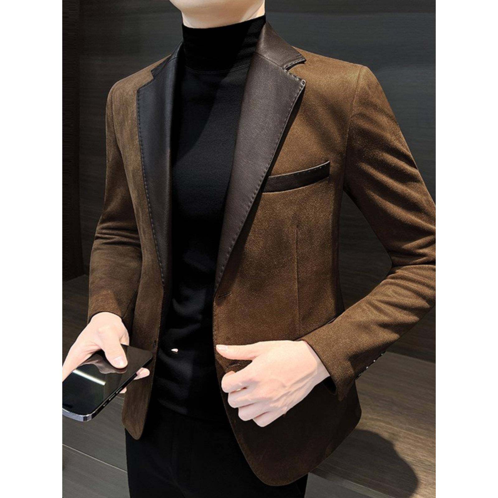 高端修身商务男士皮衣西服秋冬季休闲西装2025新款高级感通勤外套