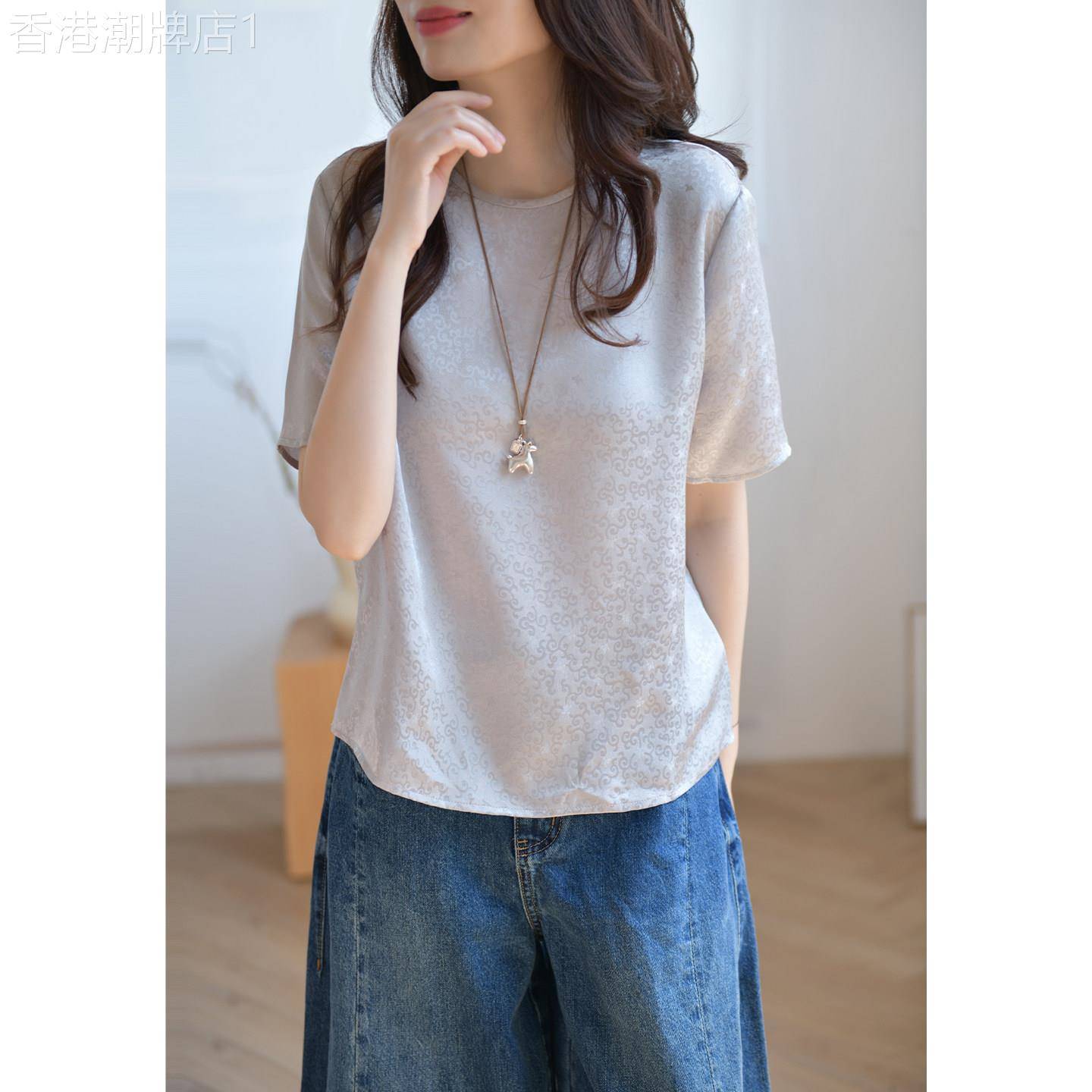 GESGOO高级感圆领真丝衬衫女夏季桑波缎提花桑蚕丝短袖小上衣百搭