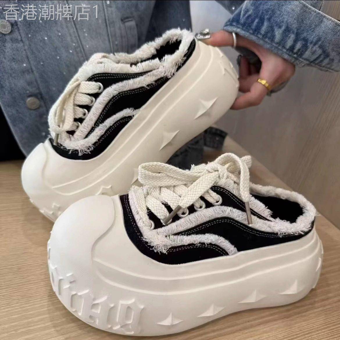 【意大利&奢品】牛仔帆布鞋男美式增高大头板鞋松糕厚底面包鞋