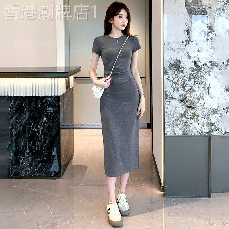 纯欲风圆领短袖T恤连衣裙女装2025夏季新款收腰显瘦褶皱包臀裙子