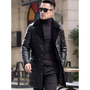 冬季海宁真皮衣羽绒服男中长款韩版修身帅气西装领皮风衣休闲外套