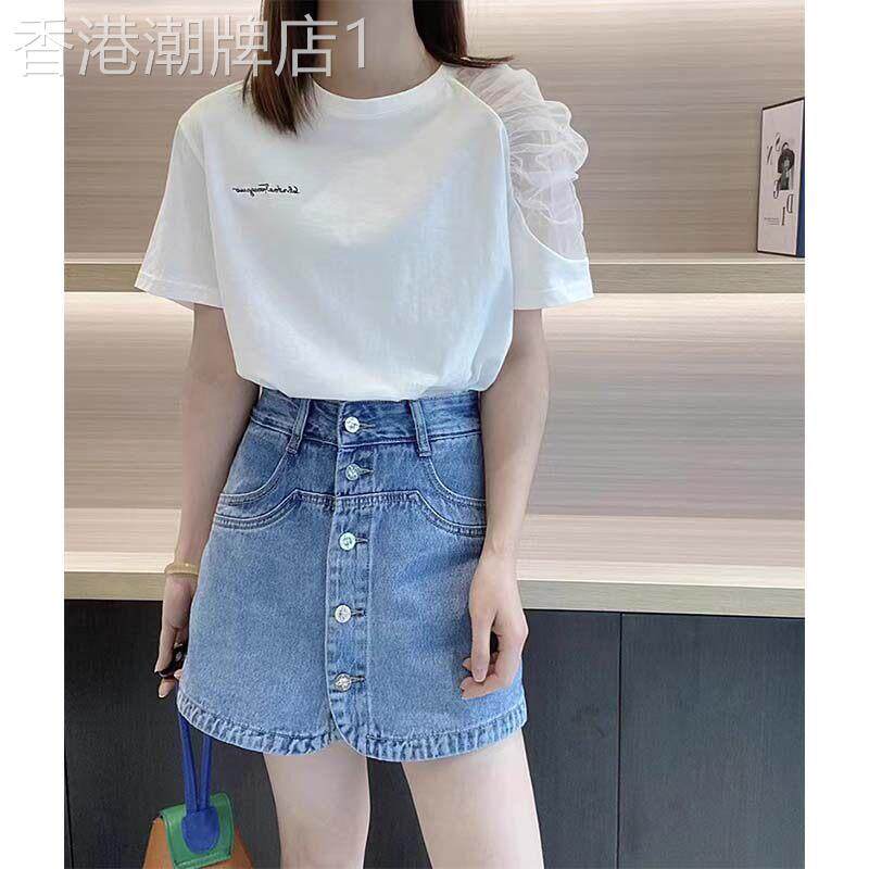 白色短袖T恤女2026新款夏季圆领洋派设计感小众网纱泡泡袖上衣女