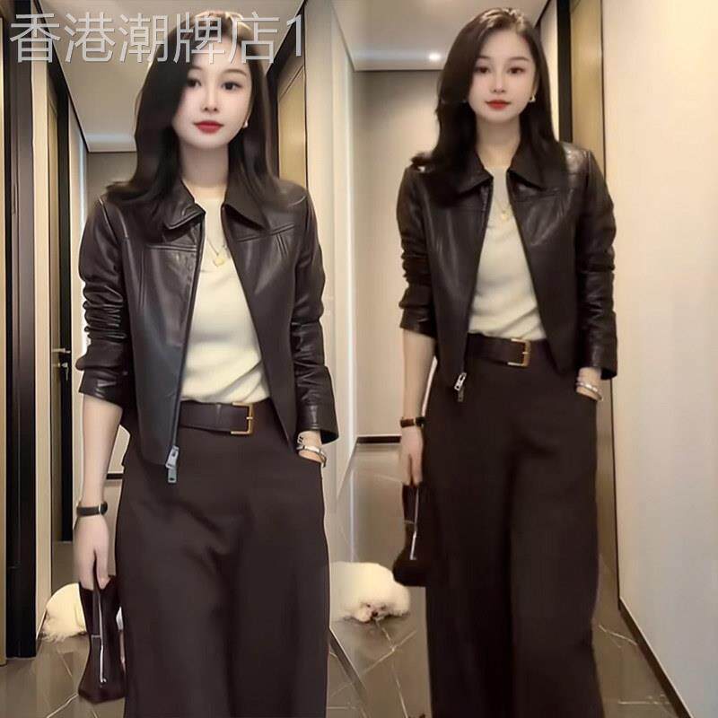 香港代购时尚套装女秋季新款显瘦复古翻领皮衣短外套阔腿裤两件套