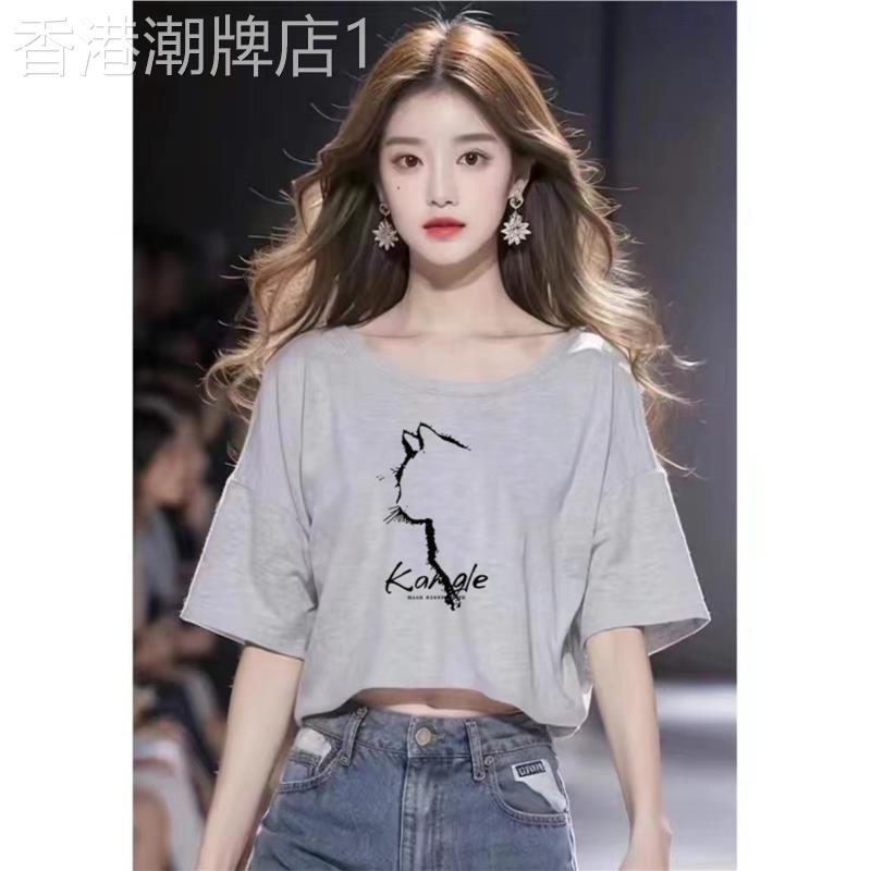 灰色纯棉露脐短T恤女款2025夏季韩版设计感小上衣 18-35岁女性休