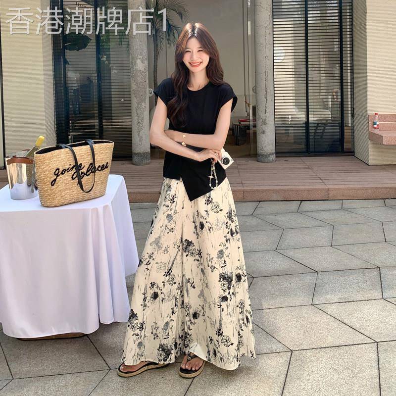 新中式水墨印花阔腿裤黑色不规则T恤两件套女2026夏新款时尚套装