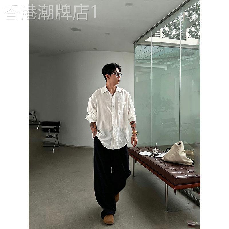 白色亚麻混纺长袖衬衫男夏季薄款潮牌痞帅宽松百搭纯色休闲衬衣服