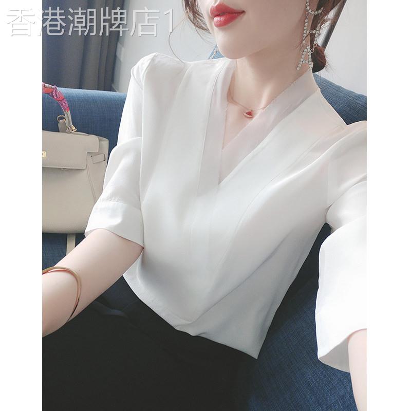 雪纺衫女短袖2026夏季新款韩版宽松显瘦V领洋派小衫白色半袖上衣