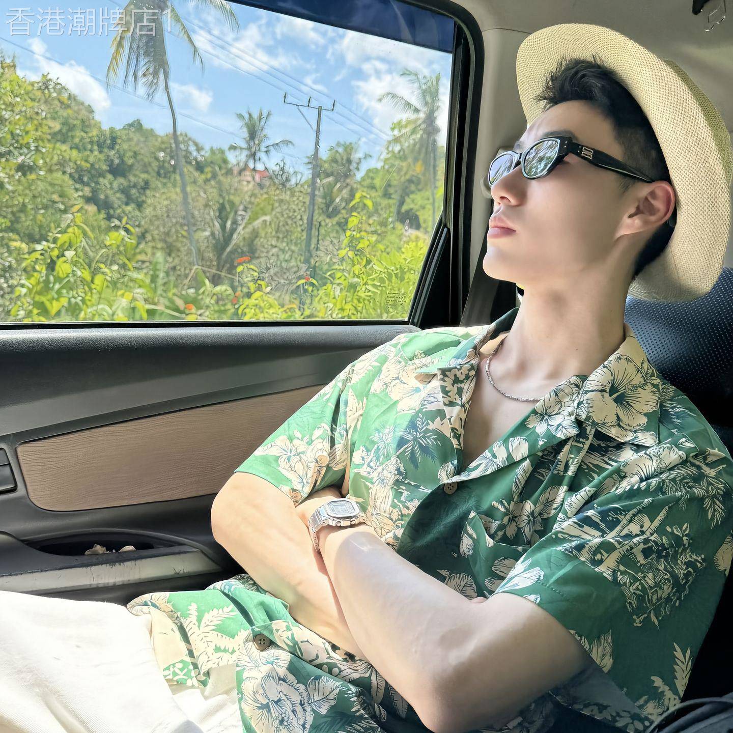复古海边夏威夷短袖衬衫男夏季潮流度假风宽松百搭休闲沙滩花衬衣