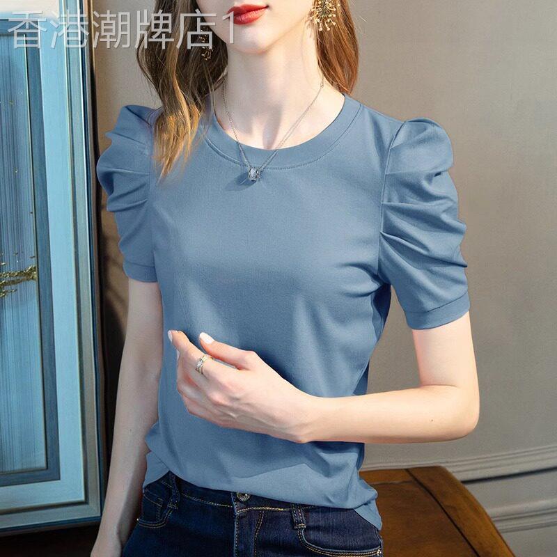 纯棉短袖t恤女2026新款夏季显瘦纯色褶皱泡泡袖高级感小众款上衣