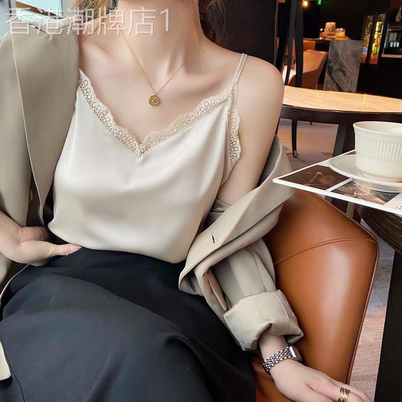 白色蕾丝吊带背心女2026夏季新款缎面V领小西装打底性感内搭上衣