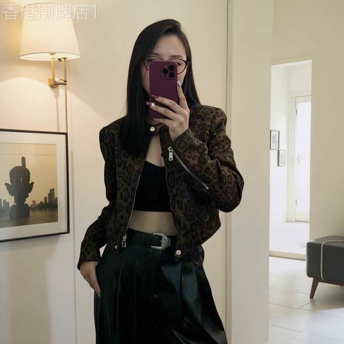 美式复古立领豹纹短款外套女秋冬季欧货宽松廓形夹克设计感上衣